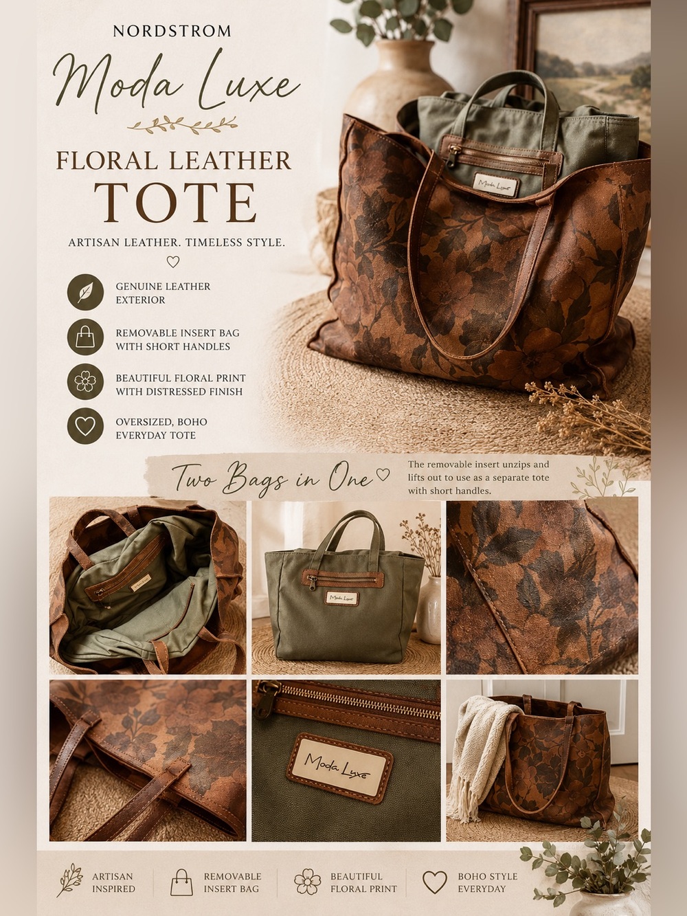 Moda Luxe Brown Floral Leather Tote with Olive Insert